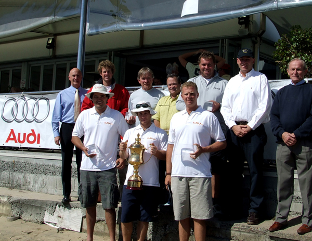 Stephen Hall from Audi Centre Gold Coast and the Audi Sydney Gold Coast IRC divisional winners with CYCA Commodore Matt Allen (right)