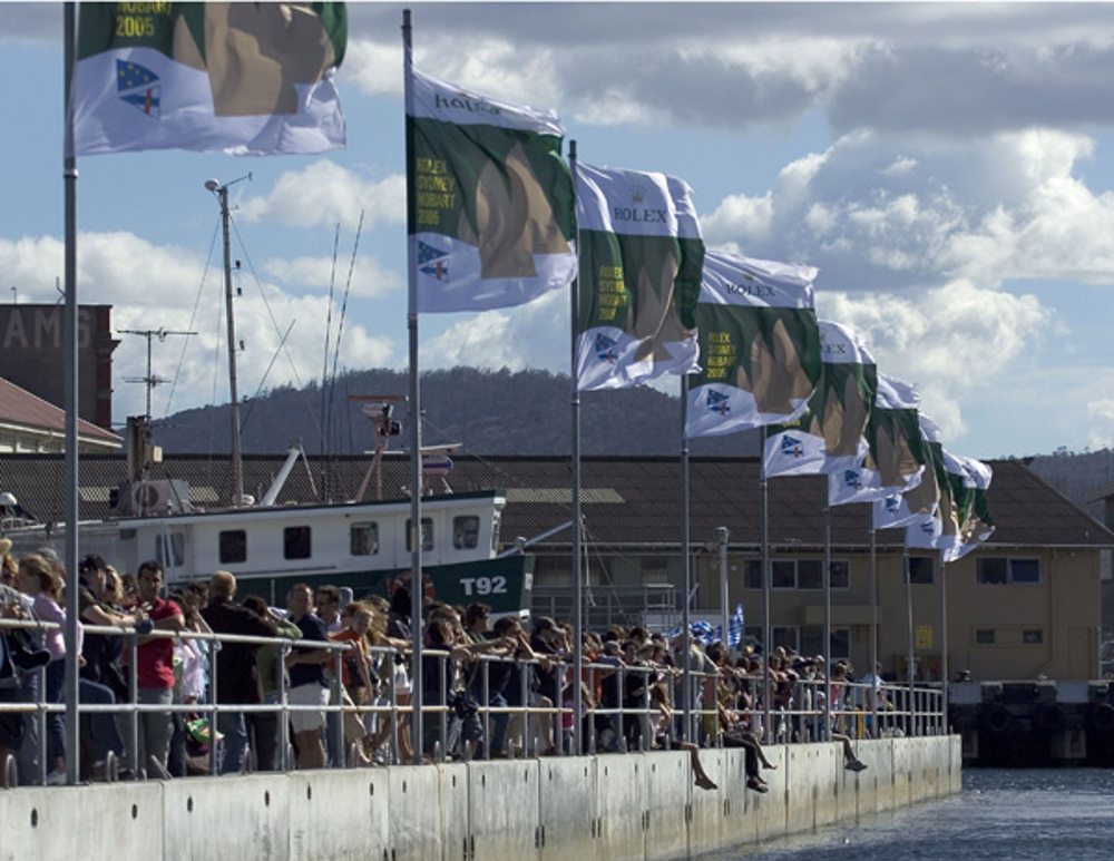 The crowd in Hobart ready to welcome the line honours winner