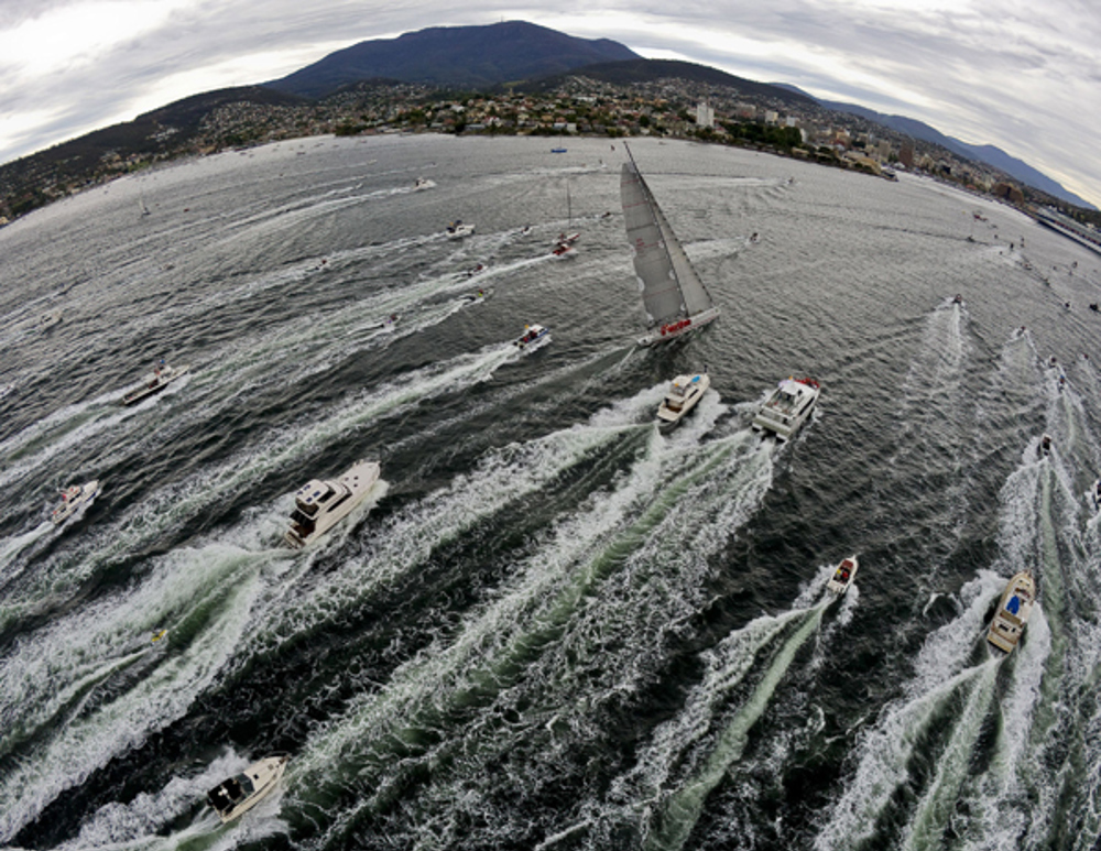 Wild Oats XI on approach to the finish line to take the line honours treble