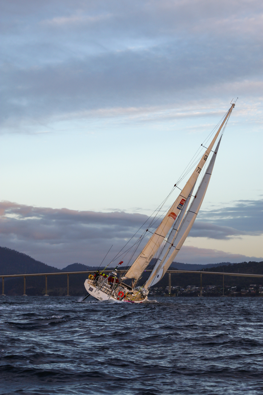 Derry~Londonderry~Doire is the first to sail up the Derwent river as a part of the Clipper Round the World race, a category of the Sydney to Hobart yacht race at Constitution Dock in Hobart, Monday, Dec. 30, 2013. (AAP Image/Heath Holden) NO ARCHIVING, EDITORIAL USE ONLY