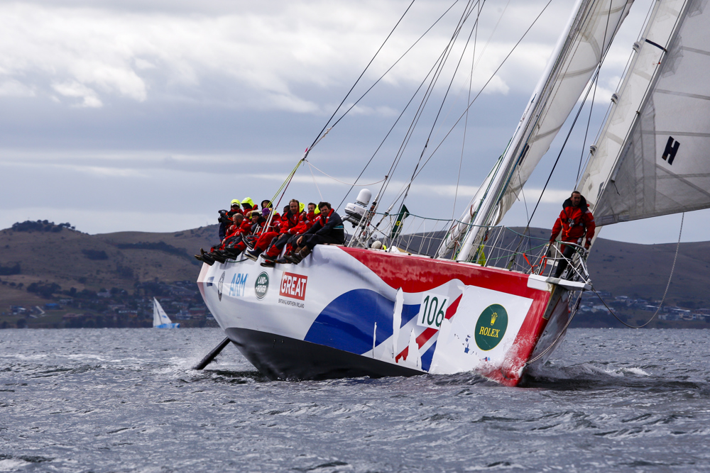 Team Great Britain make their way towards Constitition Dock as a part of the Clipper Round the World race, a category of the Sydney to Hobart yacht race at Constitution Dock in Hobart, Monday, Dec. 30, 2013. (AAP Image/Heath Holden) NO ARCHIVING, EDITORIAL USE ONLY