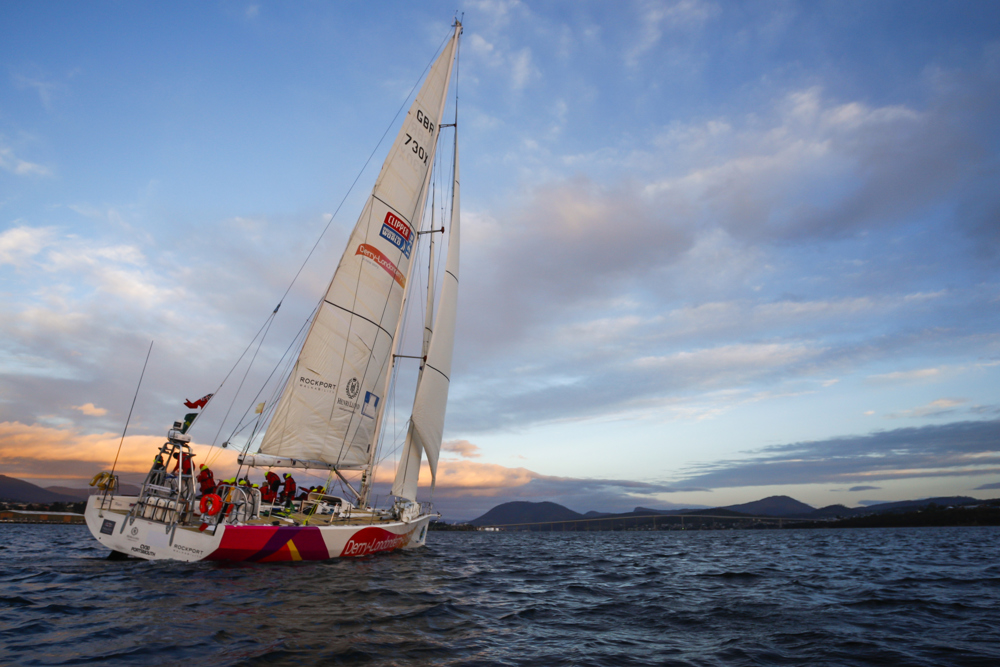 Derry~Londonderry~Doire is the first to sail up the Derwent river as a part of the Clipper Round the World race, a category of the Sydney to Hobart yacht race at Constitution Dock in Hobart, Monday, Dec. 30, 2013. (AAP Image/Heath Holden) NO ARCHIVING, EDITORIAL USE ONLY