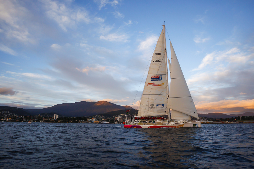 Derry~Londonderry~Doire is the first to sail up the Derwent river as a part of the Clipper Round the World race, a category of the Sydney to Hobart yacht race at Constitution Dock in Hobart, Monday, Dec. 30, 2013. (AAP Image/Heath Holden) NO ARCHIVING, EDITORIAL USE ONLY
