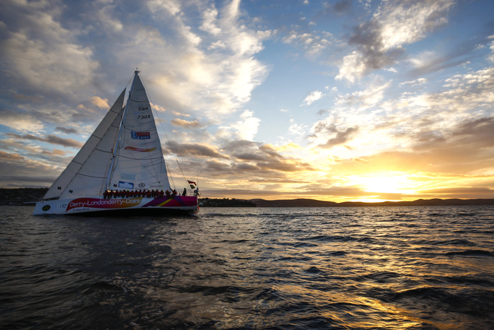 Derry~Londonderry~Doire is the first to sail up the Derwent river as a part of the Clipper Round the World race, a category of the Sydney to Hobart yacht race at Constitution Dock in Hobart, Monday, Dec. 30, 2013. (AAP Image/Heath Holden) NO ARCHIVING, EDITORIAL USE ONLY