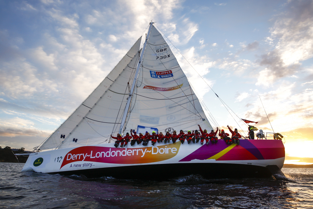 Derry~Londonderry~Doire is the first to sail up the Derwent river as a part of the Clipper Round the World race, a category of the Sydney to Hobart yacht race at Constitution Dock in Hobart, Monday, Dec. 30, 2013. (AAP Image/Heath Holden) NO ARCHIVING, EDITORIAL USE ONLY