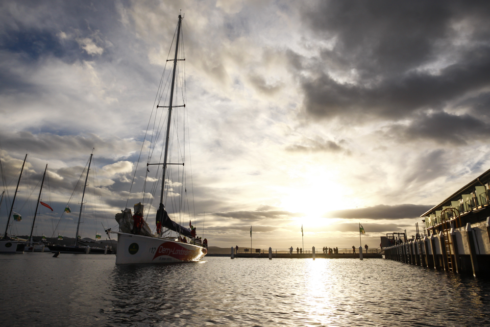 Derry~Londonderry~Doire is the first to sail up the Derwent river as a part of the Clipper Round the World race, a category of the Sydney to Hobart yacht race at Constitution Dock in Hobart, Monday, Dec. 30, 2013. (AAP Image/Heath Holden) NO ARCHIVING, EDITORIAL USE ONLY