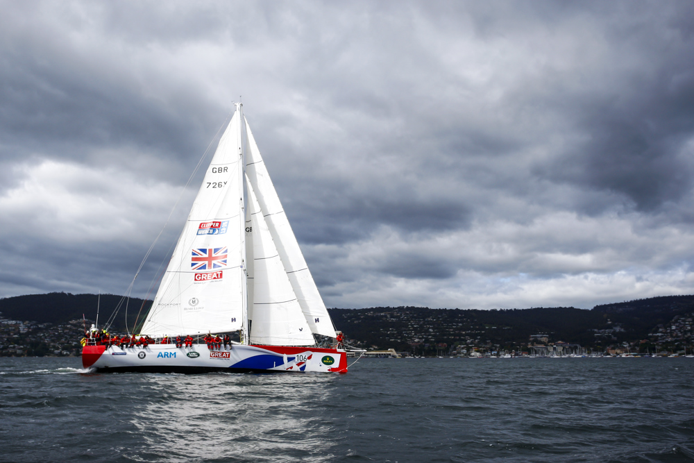 Team Great Britain make their way towards Constitition Dock as a part of the Clipper Round the World race, a category of the Sydney to Hobart yacht race at Constitution Dock in Hobart, Monday, Dec. 30, 2013. (AAP Image/Heath Holden) NO ARCHIVING, EDITORIAL USE ONLY