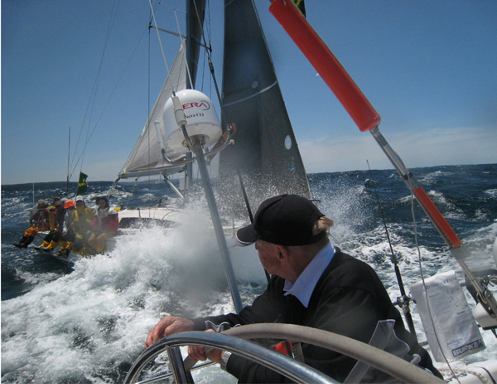 On board Helsal IV on the first afternoon of the 2006 race, with another boat passing close by