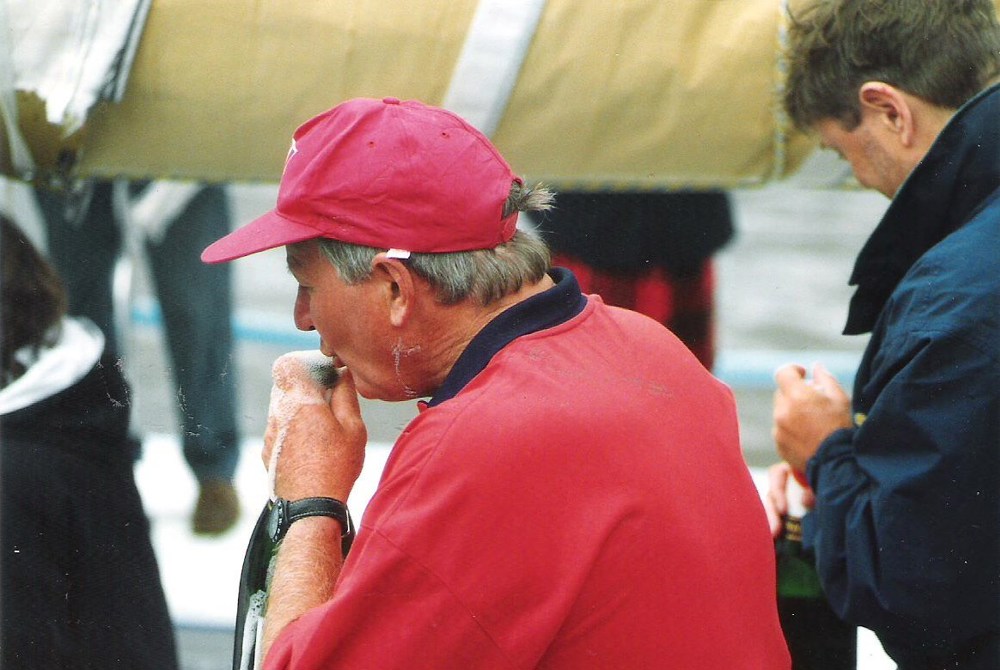 Andrew Strachan, owner 97 (9797) celebrates Line Honours 1993 SHYR - Peter Campbell CYCA Archives