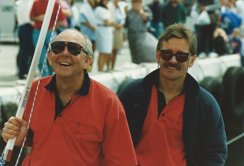97 (9797) crewmembers David Ellis & Jack Goluzd celebrate Line Honours 1993 SHYR - Peter Campbell CYCA Archive
