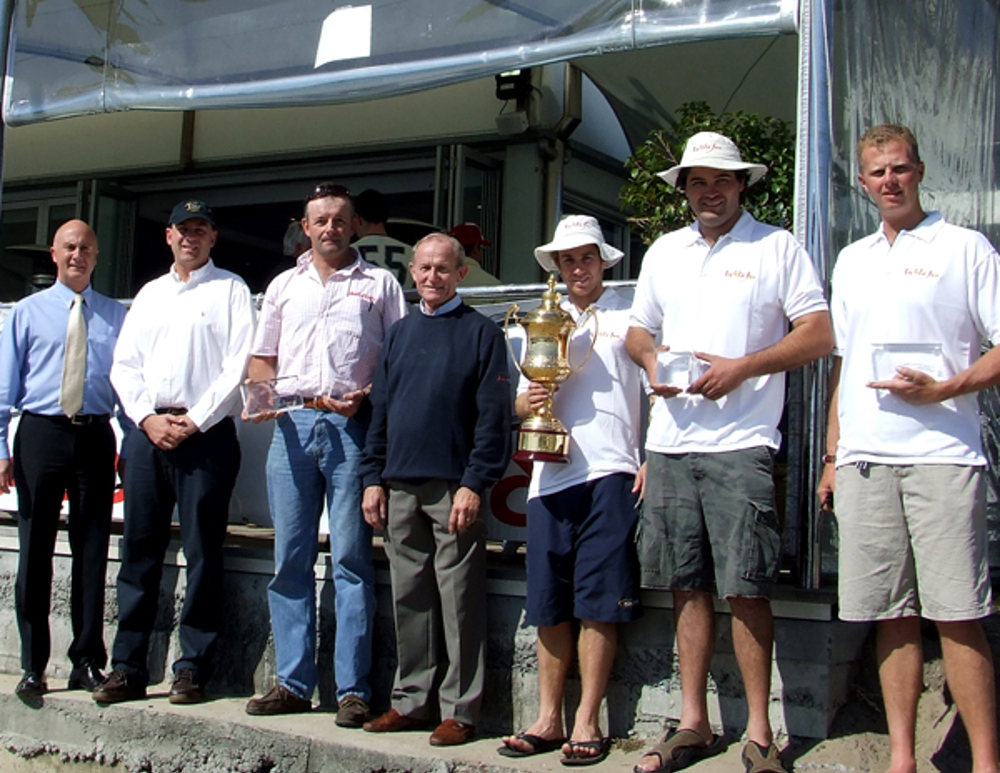 Stephen Hall from Audi Centre Gold Coast, CYCA Commodore Matt Allen, Iain Smith from Wild Oats X, SYC Commodore Neale Hollier and the IRC overall winning crew of Wild Joe