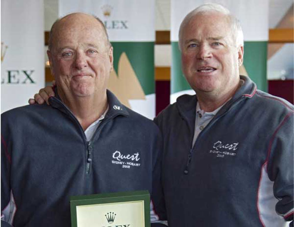 Bob Steel, owner of Quest, presenting his second Rolex to his sailing master Michael Green