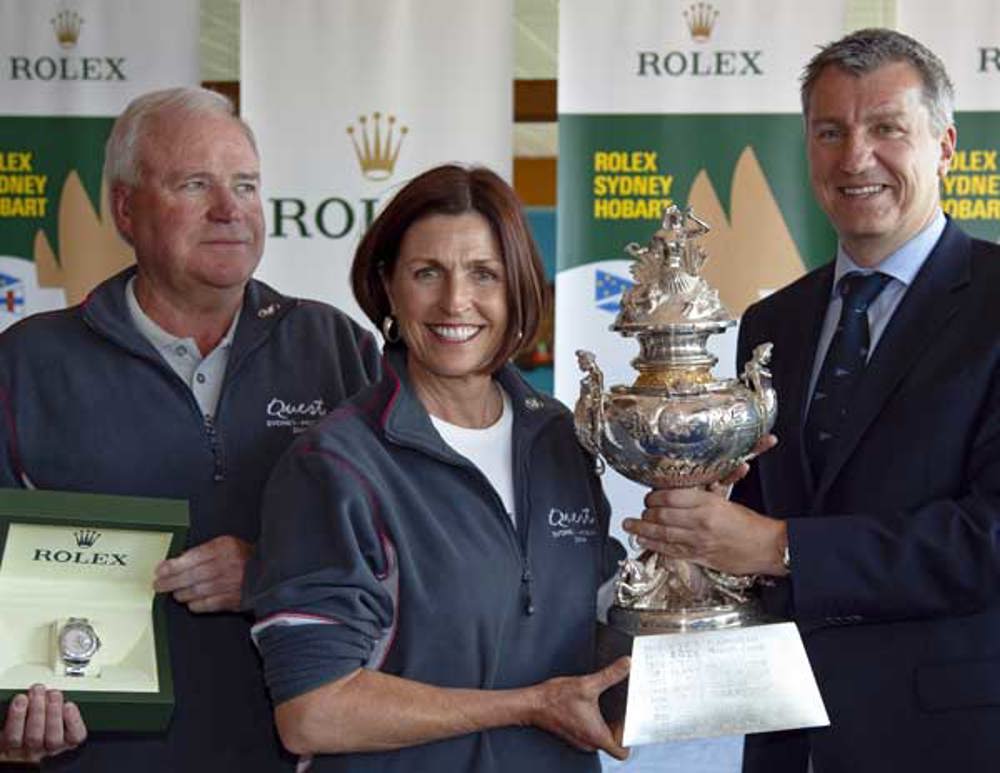Bob and Lee Steel of Quest with Richard De Leyser, General Manager, Rolex Australia with the Tattersall's Cup and the Rolex Yacht Master