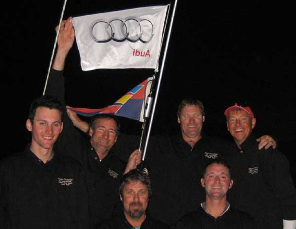 The very happy crew of Mister Christian the last boat to finish in the Audi Sydney Gold Coast Yacht Race