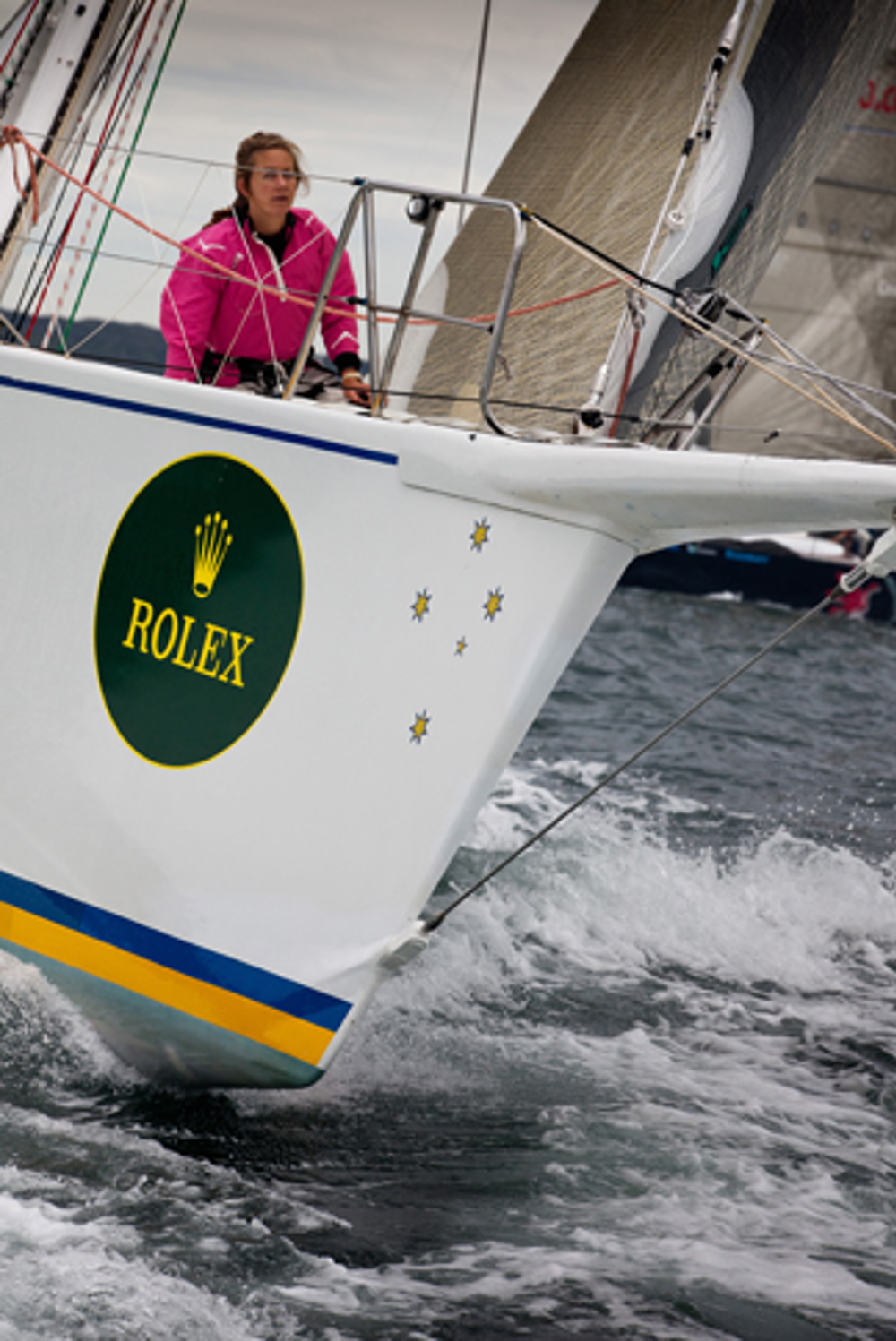 Sophie Ciszek on the bow of Brindabella before the start