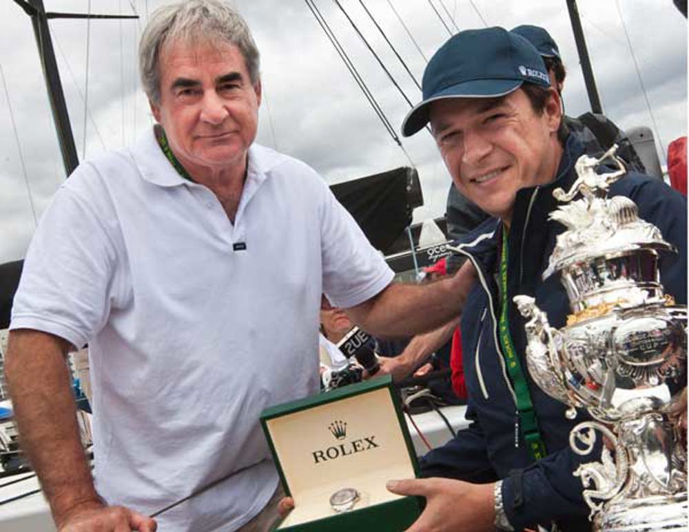 Geoff Boettcher accepting his Rolex Yacht Master timepiece from Patrick Boutellier, Rolex Australia