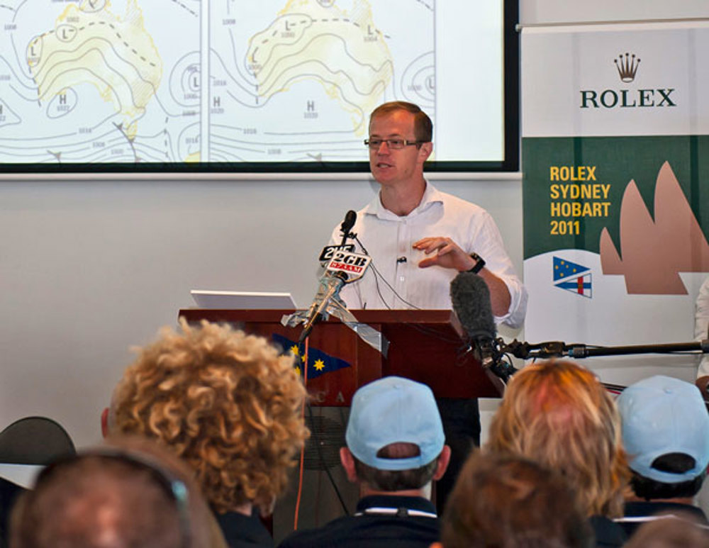 Rob Webb from the Bureau of Meteorology delivers crews the final weather just hours before the start of the 67th Rolex Sydney Hobart