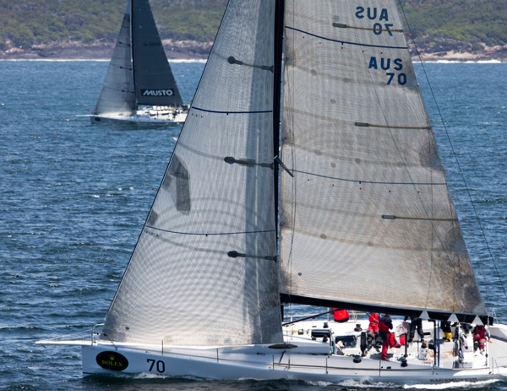 Ragamuffin just off the coast just North of Eden with Calm in close company