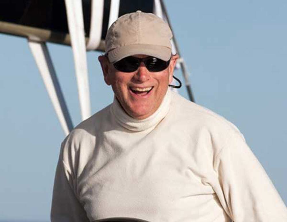 Stephen Ainsworth at the helm as Loki crosses the finish line of Audi Sydney Gold Coast Yacht Race