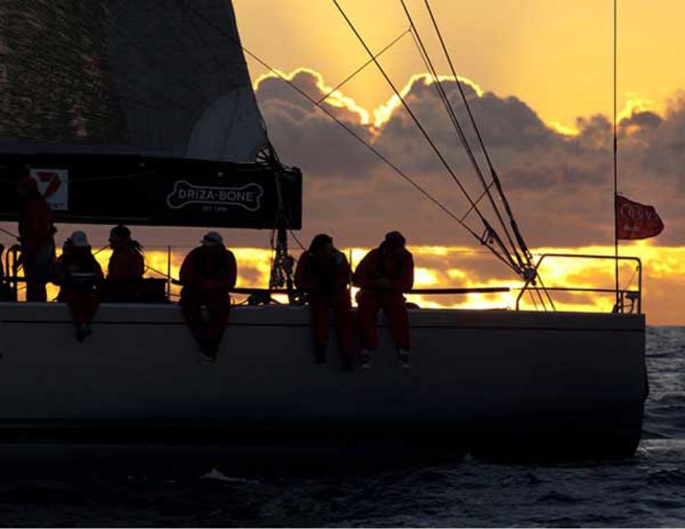 Watching the sunrise from Wild Oats XI just before finishing