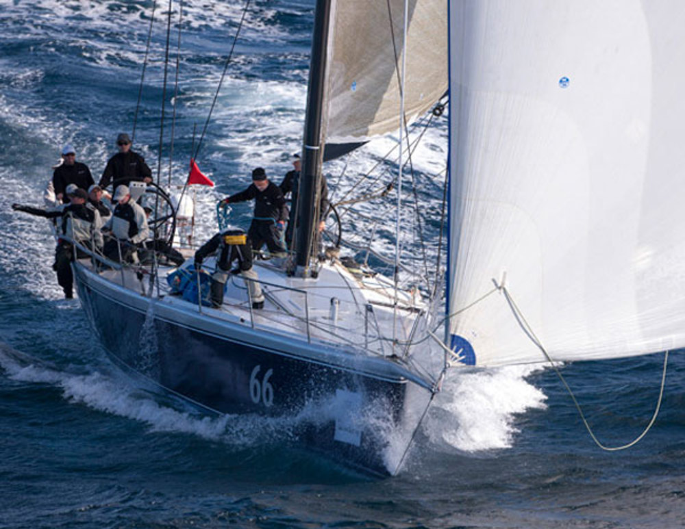 Mark Bradford at the helm of Peter Harburg's Reichel Pugh 66 Black Jack