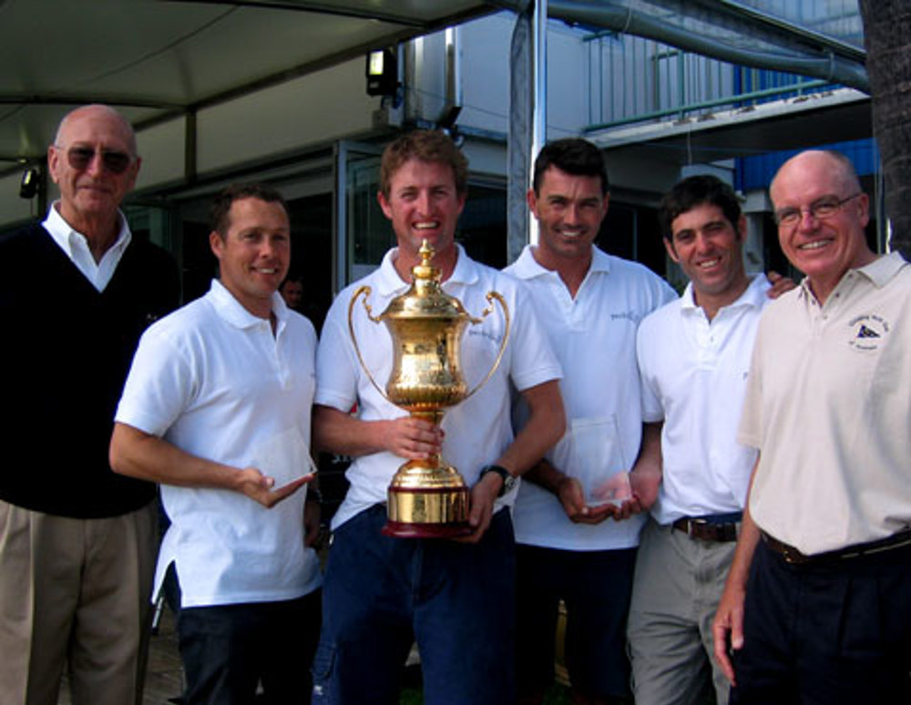 SYC Commodore Tony Goldner, winning Pendragon crew and CYCA Commodore Geoff Lavis