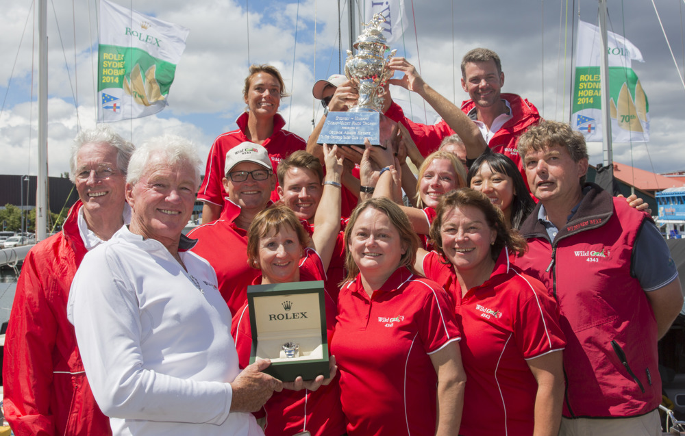 Roger Hickman, Owner Wild Rose, and crew receive the Tattersall's Cup and a Rolex Timepiece.