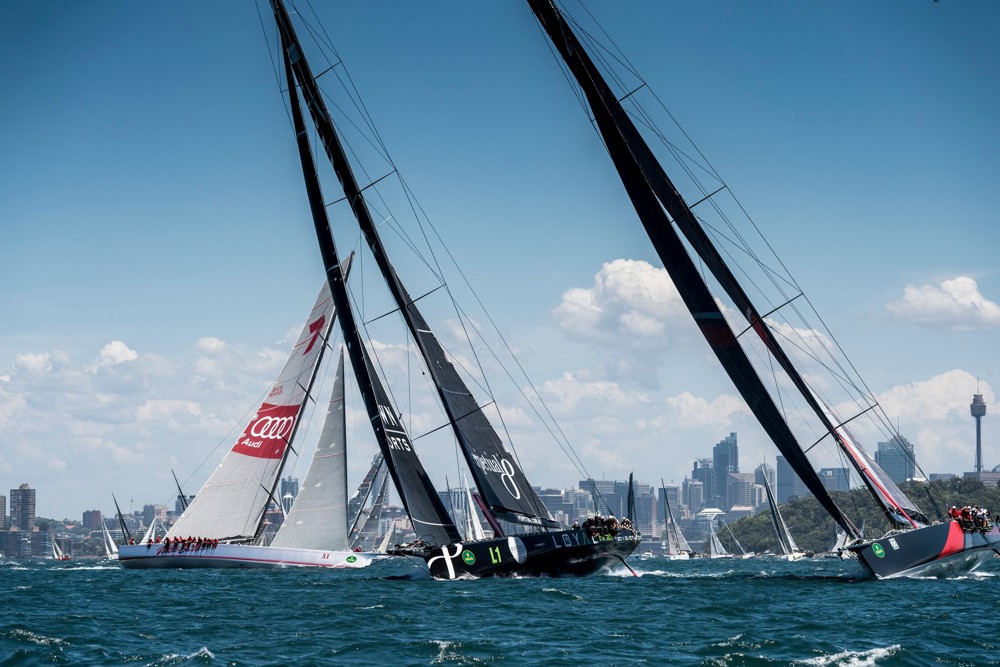 Three of the four 100-ft Maxis - Scallywag, Perpetual Loyal and Wild Oats XI - in close proximity as they lead the Rolex Sydney Hobart fleet out of Sydney