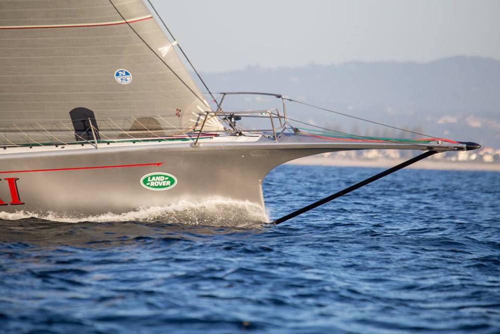 The bow of Wild oats XI slicing through the Gold Coast swell