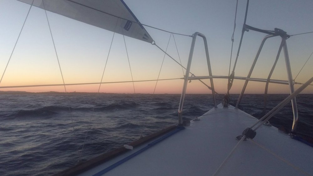 View from the bow of Komatsu Azzurro as it approaches the finish - and yes, that is a blooper you can see!