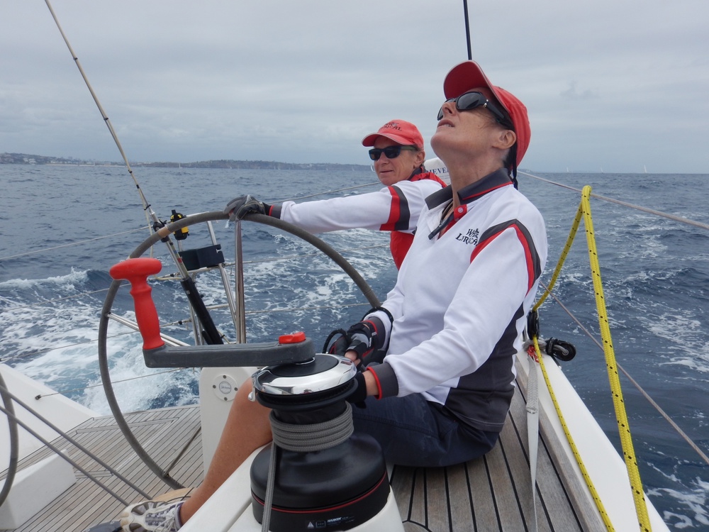 Louise Stevenson steering Wax Lyrical as they settle into the reach South
