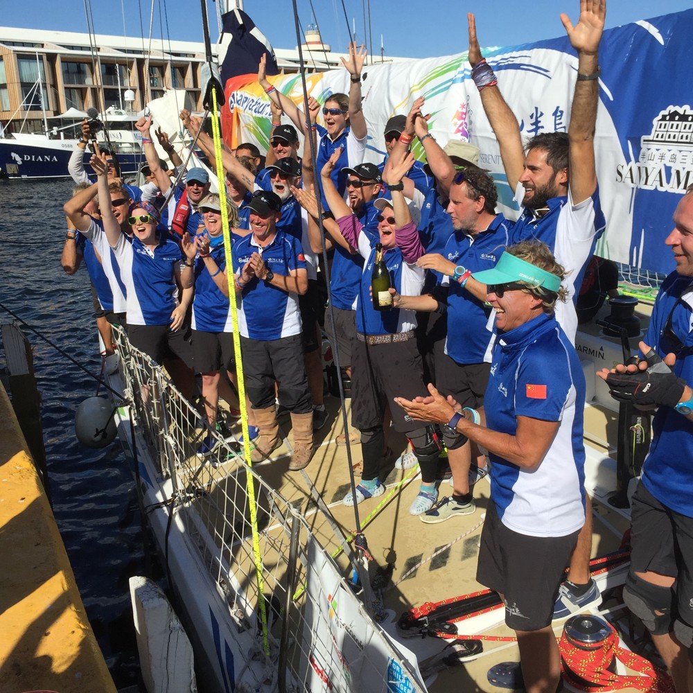 Wendy Tuck and the Sanya Serenity Coast crew celebrating their win in the Clipper Division in Hobart