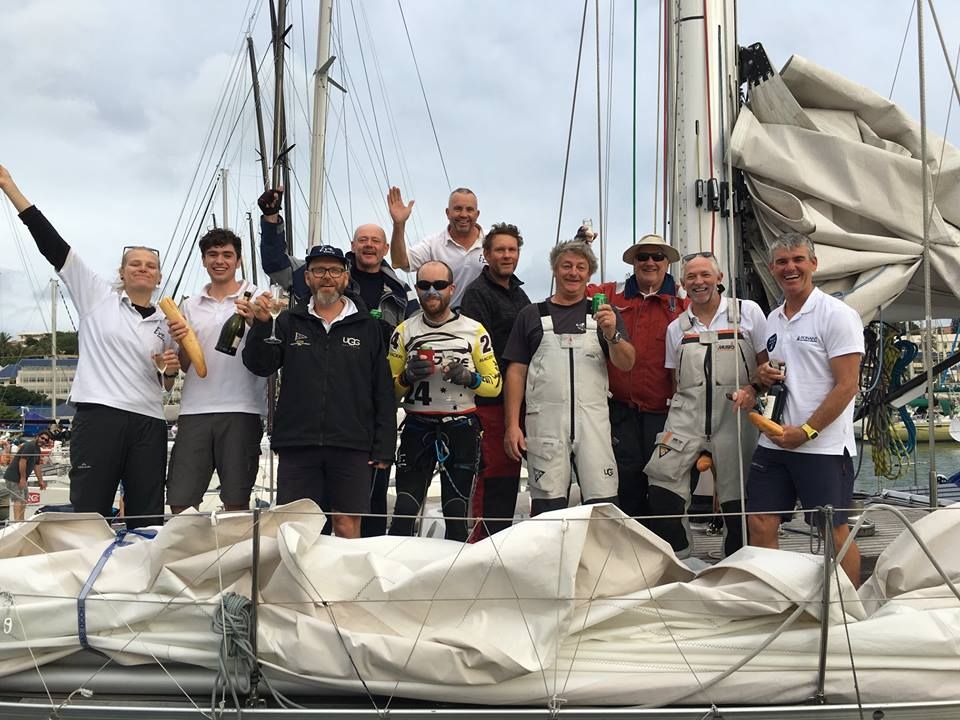 The crew of the beautiful Swan 65 Eve at the dock in Noumea