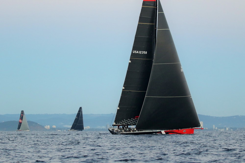 Comanche with Black jack and Wild Oats XI in the background