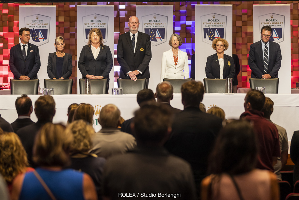 Official Party at the Prizegiving - Patrick Boutellier General Manager, Rolex Australia; The Honourable Elise Archer MP; Lord Mayor of Hobart, Councillor Anna Reynolds; Cruising Yacht Club of Australia Commodore Paul Billingham; Her Excellency, the Governor of Tasmania, Professor Warner, A.M.; Royal Yacht Club of Tasmania Commodore Tracy Matthews; TasPorts Executive General Manager of Marine Services and Shipping