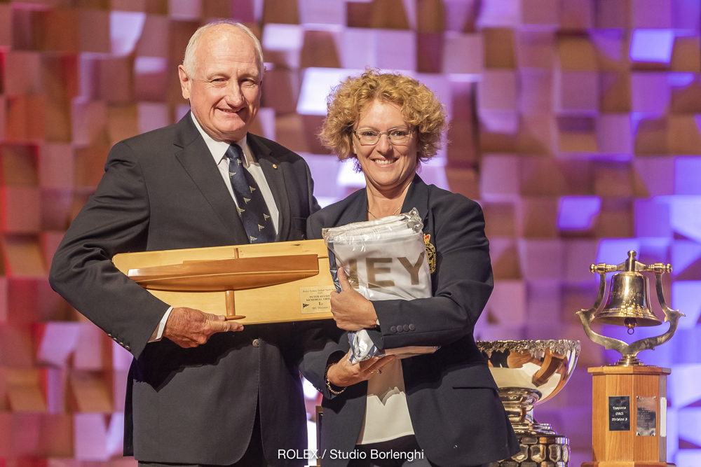 RYCT Commodore Tracy Matthews presented the trophy for 1st in ORCi Division 3 and 1st in IRC Division 2 for the Peter Allsop Memorial Trophy to St Jude (Noel Cornish)
