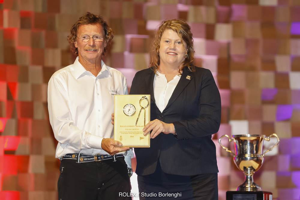 Lord Mayor of Hobart, Councillor Anna Reynolds presented the Polish Trophy, for the yacht travelling from the furthest port to compete, to Lunatix owned by Friedrich Boehnert from Germany