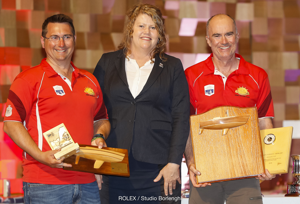 Lord Mayor of Hobart, Councillor Anna Reynolds presenting the trophies to Gun Runner, skippered by Reece Young of the Army Sailing Club, for First Boat under 9.5m LOA across the finish line, the Oggin Cup and plaque for the first Armed Services Yacht on Corrected Time, as well as the York Family Trophy for first in the Corinthian Division