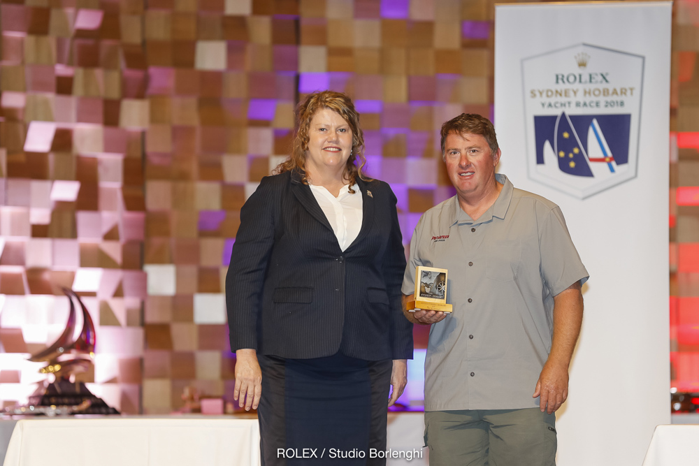 Lord Mayor of Hobart, Councillor Anna Reynolds presenting the trophy for third in IRC Division 0 to Ron O’Hanley’s Privateer.