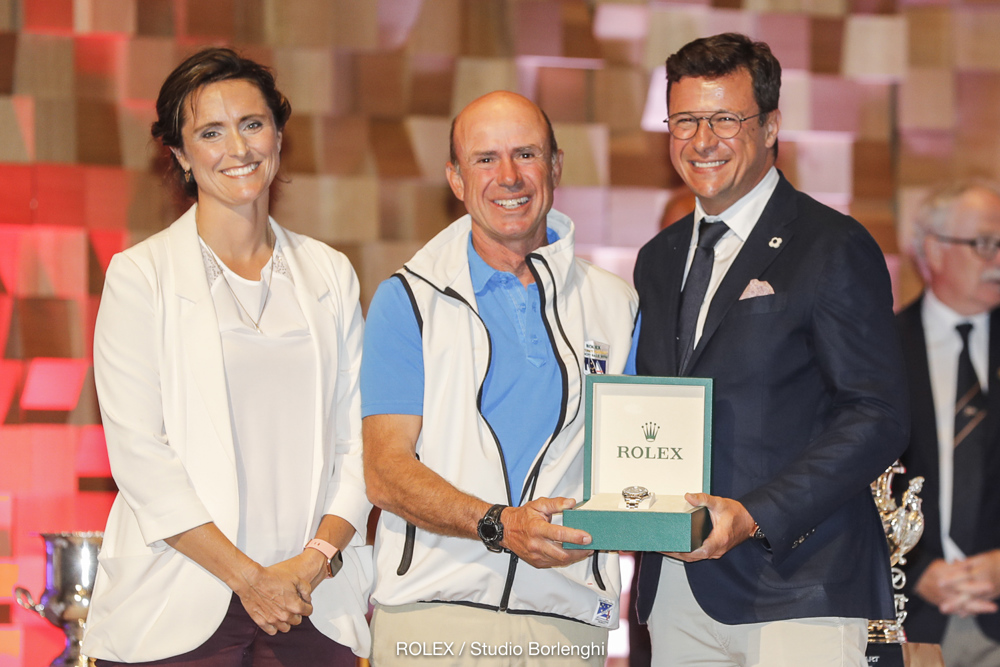 Patrick Boutellier (General Manager, Rolex Australia) with Duncan Hine, Skipper of Overall Winner Alive and 