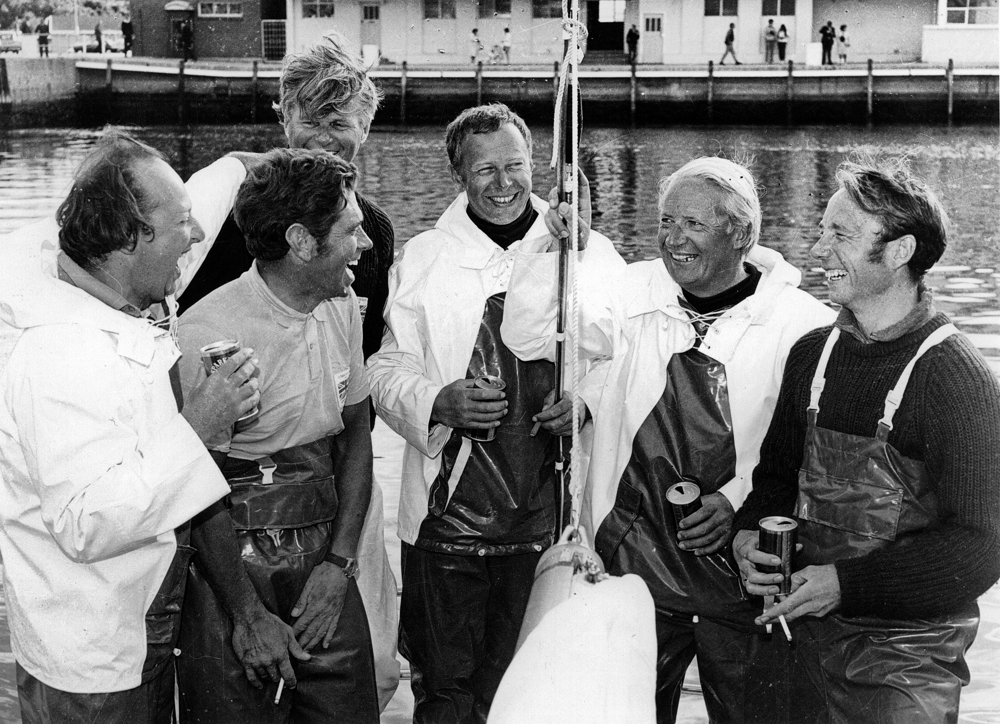 Crew of the victorious Morning Cloud 1969 Sydney Hobart Yacht Race (L to R) Anthony Churchill, Owen Parker, Sammy Sampson, Jean Berger, Edward Heath, Duncan Kay