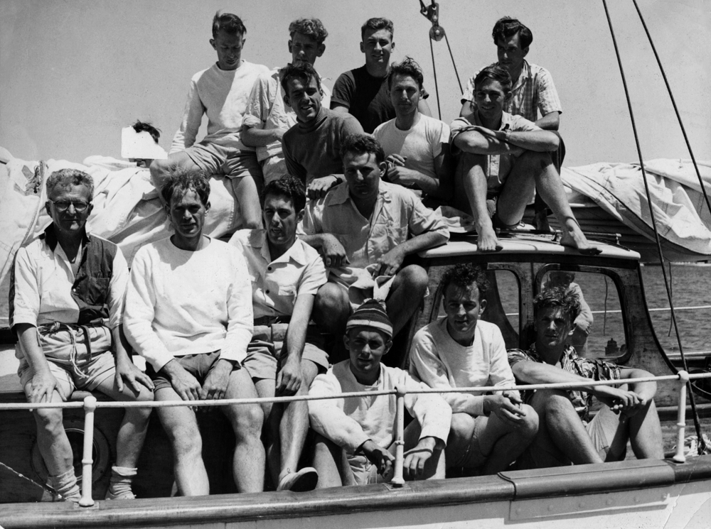 1950 Mistral crew  L to R: Front row: Alan Hart, Dick Swan 2nd Row: Frank Barlow (Capt), Geoff Paton (2nd Mate), John Dowey (Nav) Aston Watkins 3rd row: John Morris, Marsden Hordern (Nav), Mick York (1st Mate) 4th row: Brian Adams, Ken Cornwell, Nick Alexander (Cook), Ivan Graham