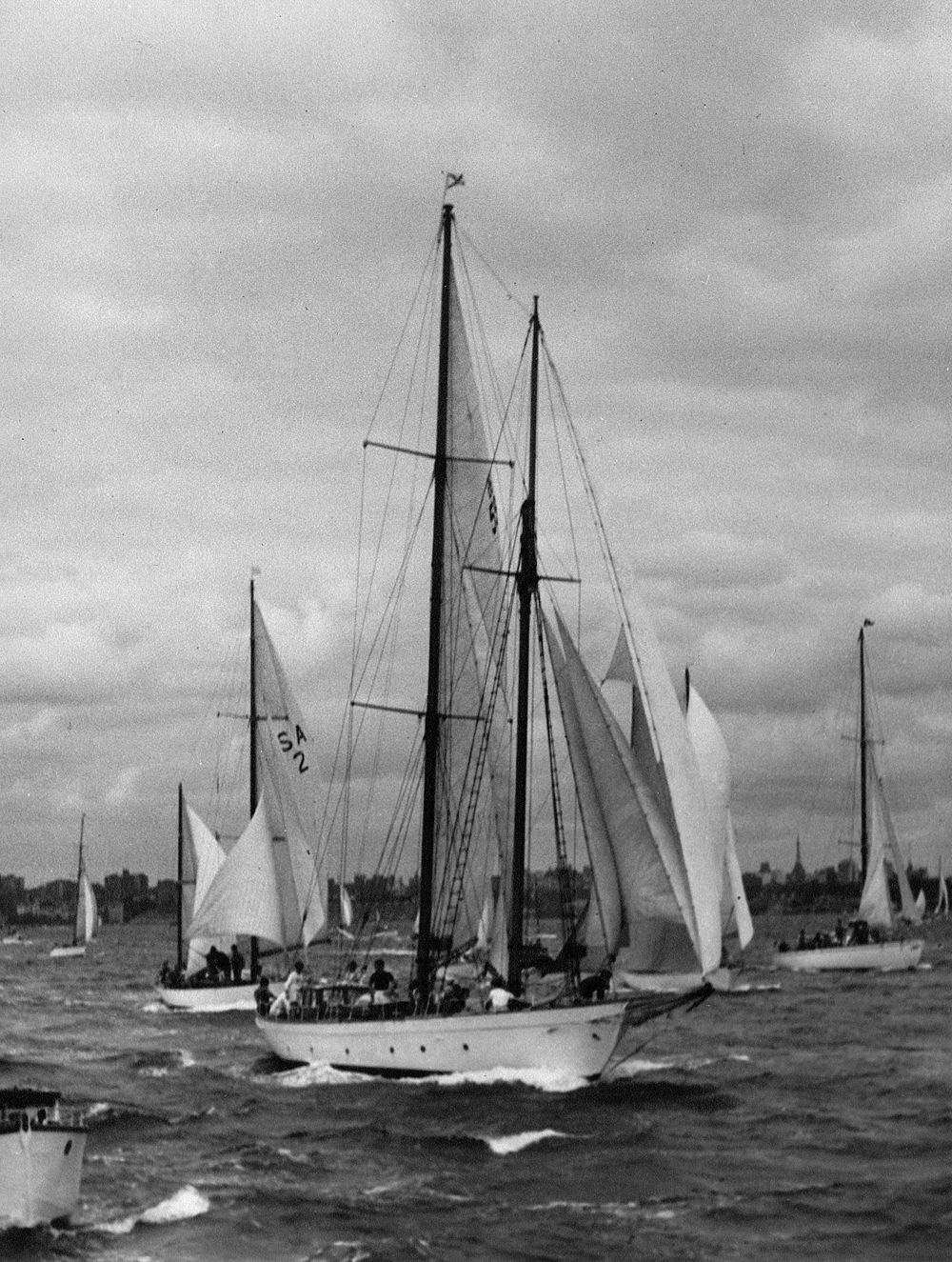 Mistral II in a southerly start 1950 Sydney-Hobart Race.  Nerida (SA2) behind.