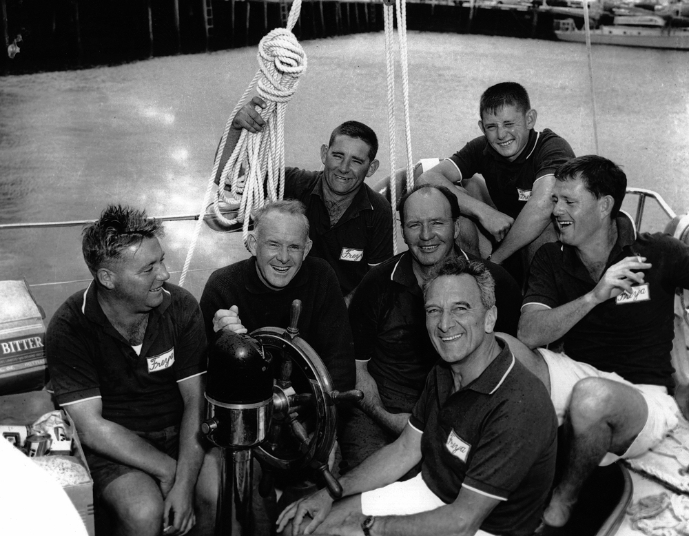 Freya crew 1963, in Constitution Dock.  L to R: Keith Brown, Trygve Halvorsen, Trevor Gowland, Magnus Halvorsen, Stan Darling, Barry Gowland, Stan McRae.