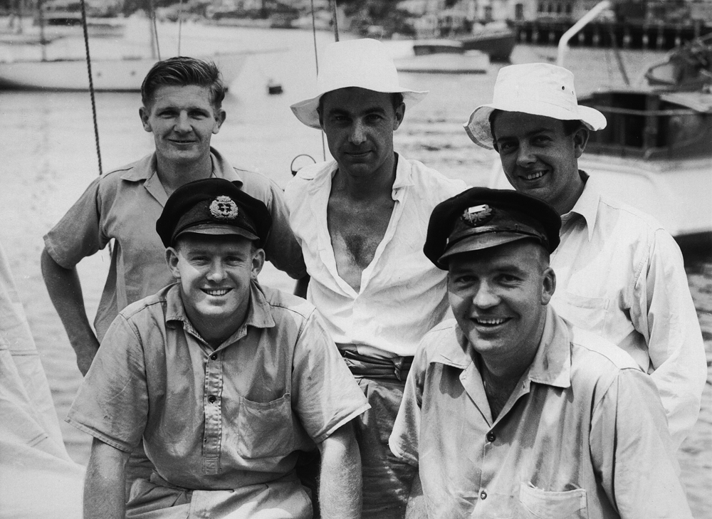 Saga 1946 Sydney Hobart Yacht Race crew - L to R: (Front row) Trygve Halvorsen, Magnus Halvorsen, Thor Gauslaa, Colin Jew, Fredrik Svensen.