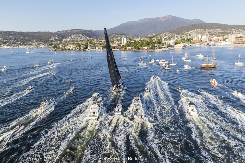 Comanche arriving to Hobart to claim Line Honours victory at the 2019 Rolex Sydney Hobart
