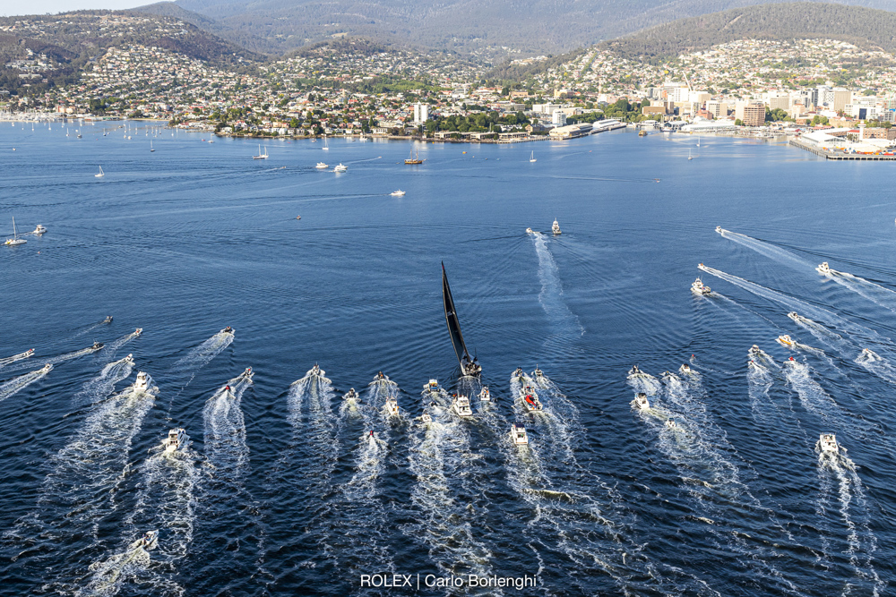 Comanche arriving to Hobart to claim Line Honours victory at the 2019 Rolex Sydney Hobart