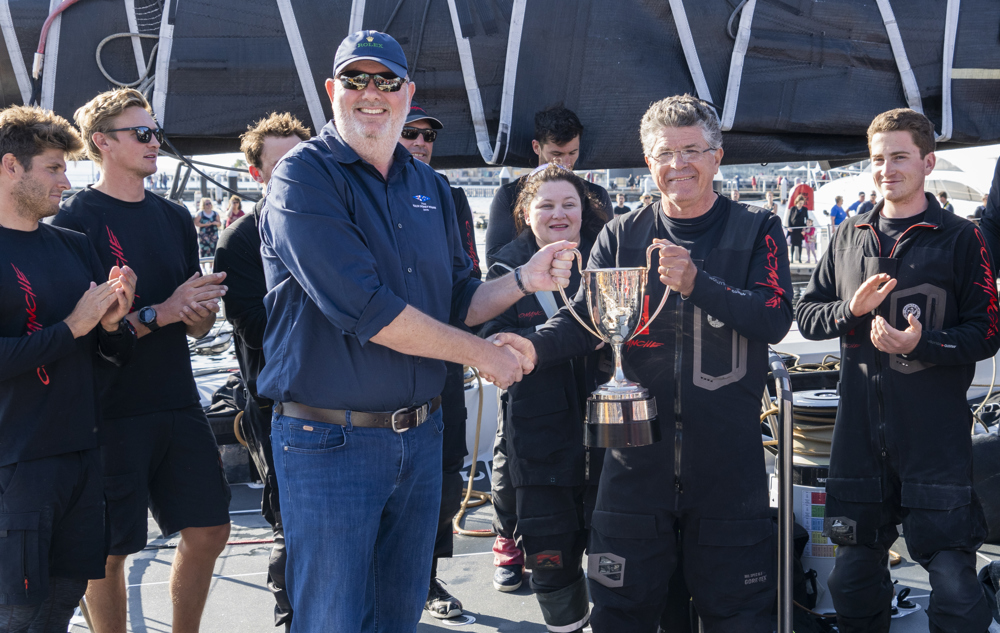 Comanche arriving to Hobart to claim Line Honours victory at the 2019 Rolex Sydney Hobart
Paul Billingham (Commodore CYCA)
Jim Cooney (owner of Comanche)
