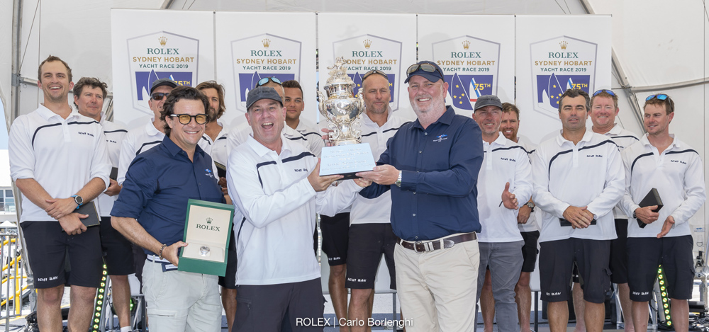 Prizegiving ceremony - Overall winner Patrick Boutellier (Rolex Australia), Matt Allen (Owner of Ichi Ban), Paul Billingham (Commodore CYCA)
