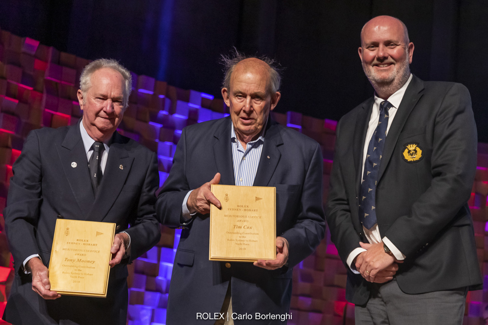 Rolex Sydney Hobart Meritorious Service Awards - Tony Mooney & Tim Cox.  With CYCA Commodore Paul Billigham.